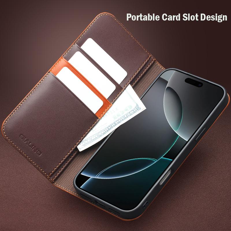 Case for IPhone 17 Pro Genuine Leather Flip Bracket Handmade Business Cover with Card Slots for IPhone 17 Pro Max/17Air