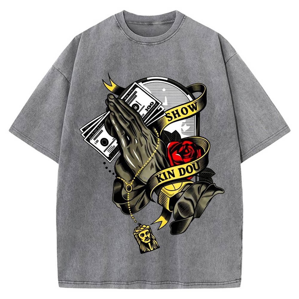 100% Cotton Oversized T-Shirt, Praying Hands Money Rose Streetwear Unisex Tee XXL