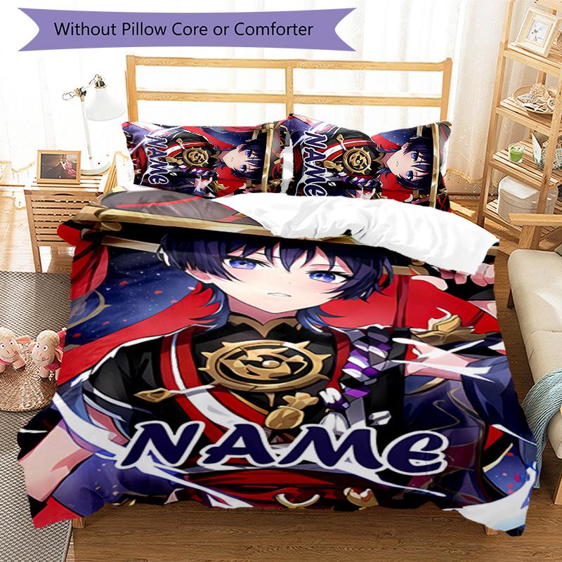 3pcs Genshin Impact4 Cover Set - Personalized Name, HD Printed Bedding with 1 Cover and 2 Pillowcases - Perfect for Home Decor, Easy Care
