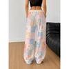 Women's Fashion Sports Wide-leg Trousers Multi-color Block Plaid Small Floral Splicing Contrasting Color Full Print Casual Trousers