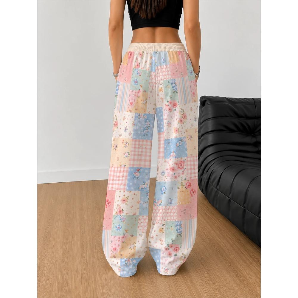 Women's Fashion Sports Wide-leg Trousers Multi-color Block Plaid Small Floral Splicing Contrasting Color Full Print Casual Trousers
