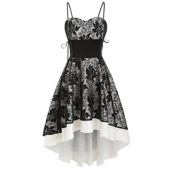 Damen Vintage Hochwertiges Trägerkleid Bandage Schnürung High Low Kleid Partykleid fashionpoint