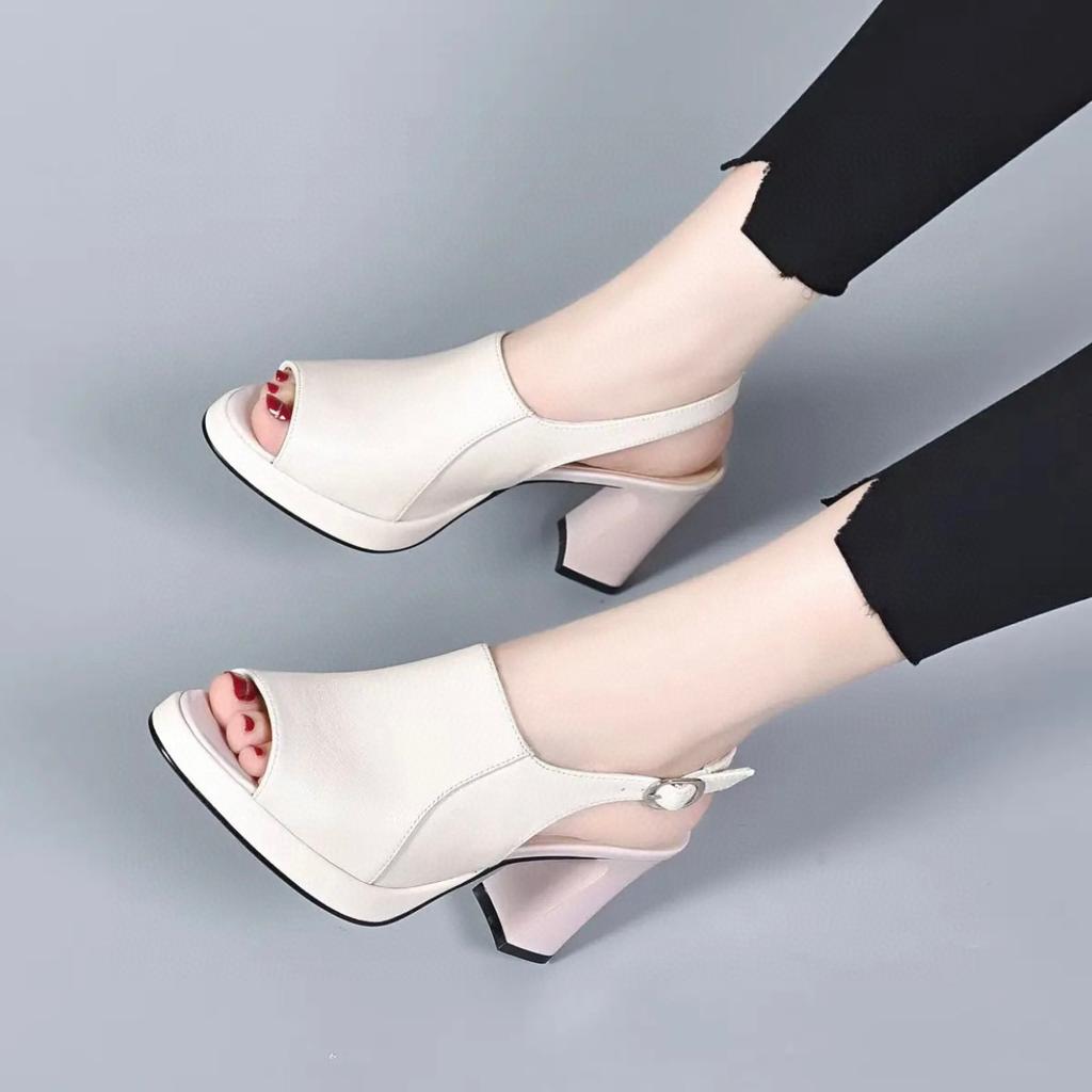High-heeled sandals women's shoes 2025 summer new European and American style fish mouth waterproof table thick-heeled women's sandals cowhide fashio