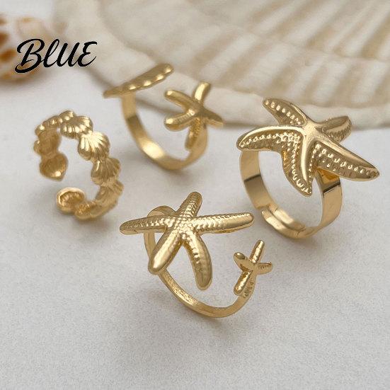 Adjustable Finger Ring 4Pcs Ocean Style Set Open Rings Gold