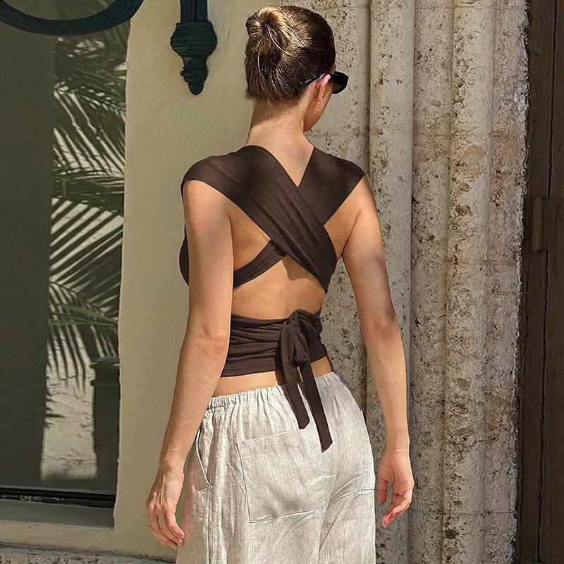 Dámské novinky zima 2025: Sexy Crop Top s hlubokým výstřihem na zádech, úzký, se šněrováním