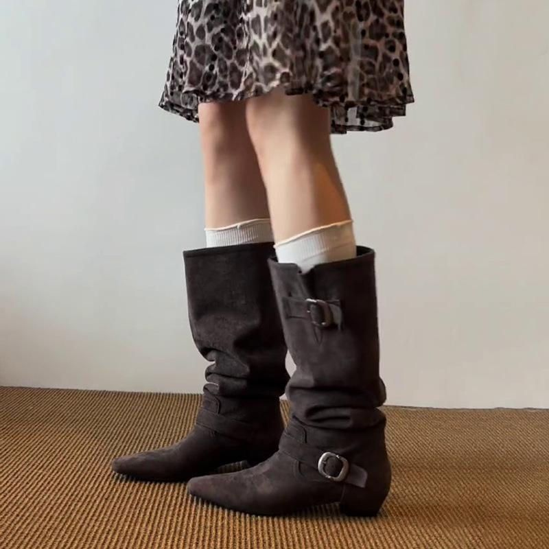 Cowhide version~ retro casual big circumference tube belt buckle stacking boots women's fashion versatile and thin knight boots