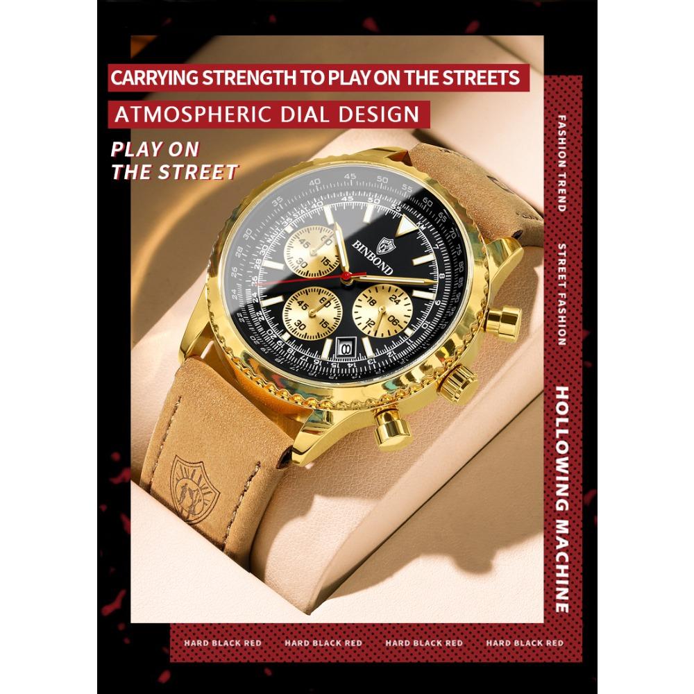 BINBOND Top Brand Man Quartz Watch Waterproof Luminous Date Chronograph Leather Wristwatch Military Sports Luxury Men's Watches