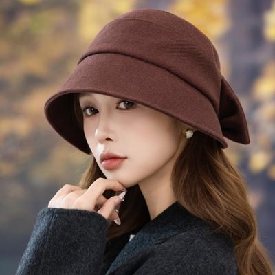 Women's Autumn and Winter Woolen Hat Fashion Split Bow Bucket Hat Travel Temperament Show Small Face Warm Basin Hat