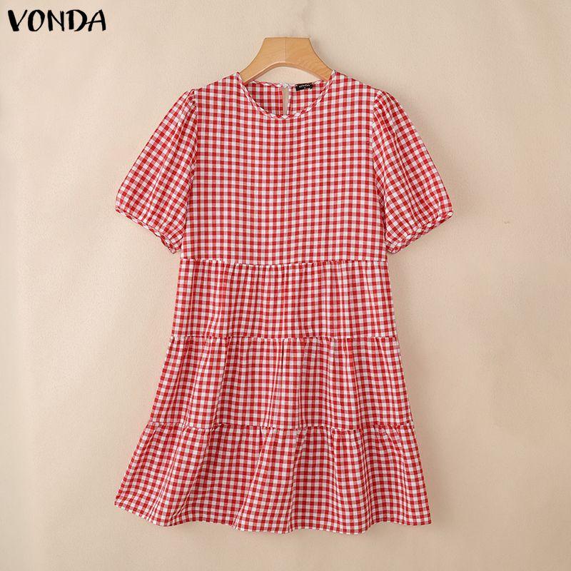 VONDA Women V Neck Puff Sleeve Plaid Print Ruffled Casual Loose Tunic Dress