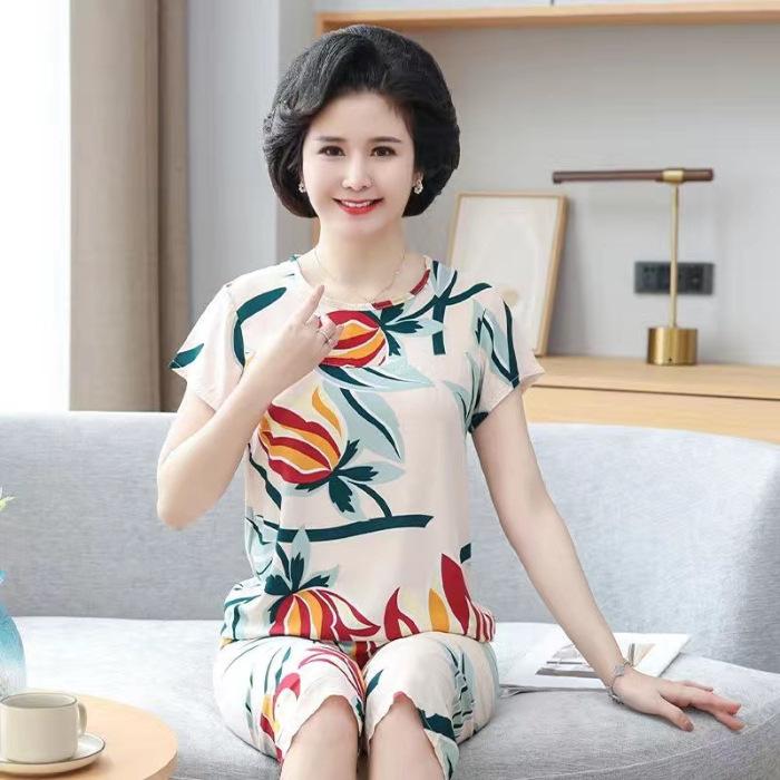 Ice Silk Suit Pajamas Women's Summer Short-sleeved Middle-aged Casual Wear Can Be Worn Outside Mother's Thin Two-piece Set