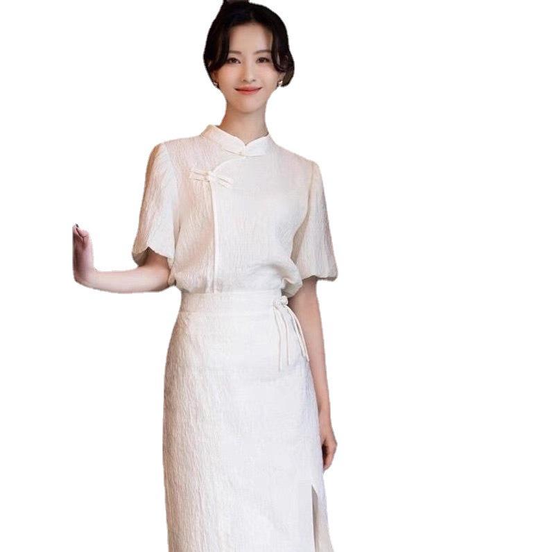 2023 Sommer Damen Modernes Chinesisches Cheongsam-Anzug in Weiß