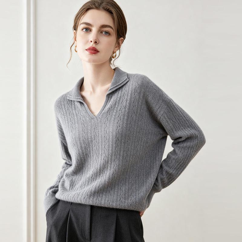 Lekasha 100% Pure Cashmere V-Neck Cable Knit Hollow Stitch Top