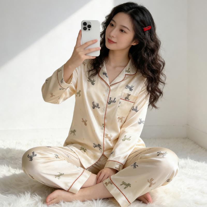 Ice Silk Pajamas Women'S Spring And Summer Thin Long-Sleeved Trousers Lapel Lazy Style Loungewear