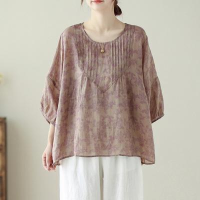 Round Neck Three Quarter Sleeve Top Autumn Artistic Cotton Linen Blouse Vintage Floral Print Tops Casual Shirt Top for Women
