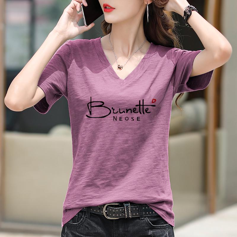Women's Korean Style Loose Bamboo Cotton V-Neck Printed Half-Sleeve T-Shirt