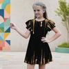 Girls Round Neck Flutter Sleeve Black Gold Geometric Printed A Line Flared Dress