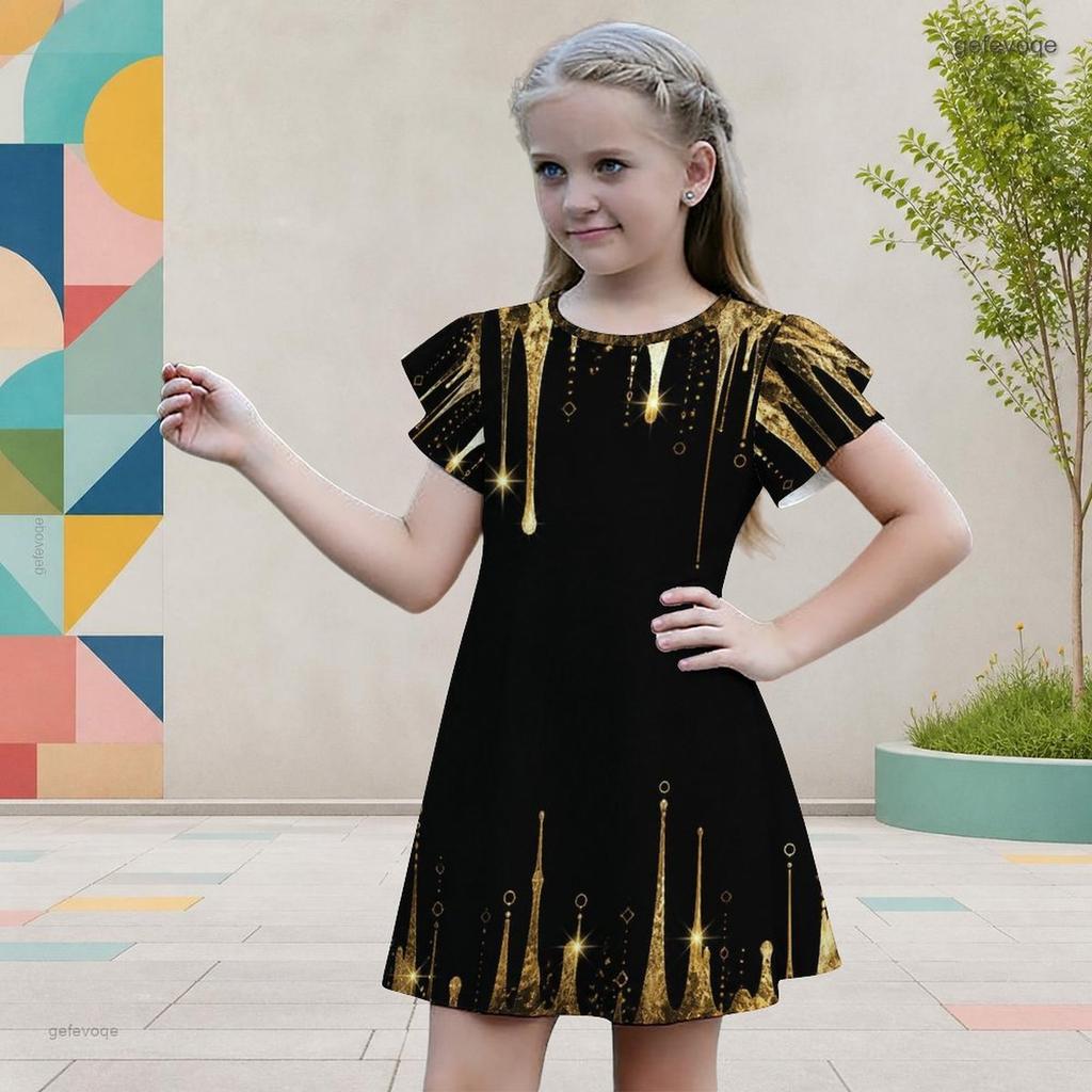 Girls Round Neck Flutter Sleeve Black Gold Geometric Printed A Line Flared Dress