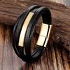 Trendy Men Jewelry Popular Black Color Genuine Leather Bracelet Multi-layer Design Charm Cuff Bangle For Handsome Boy Gift