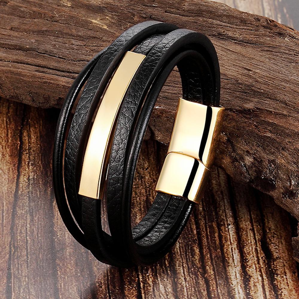Trendy Men Jewelry Popular Black Color Genuine Leather Bracelet Multi-layer Design Charm Cuff Bangle For Handsome Boy Gift