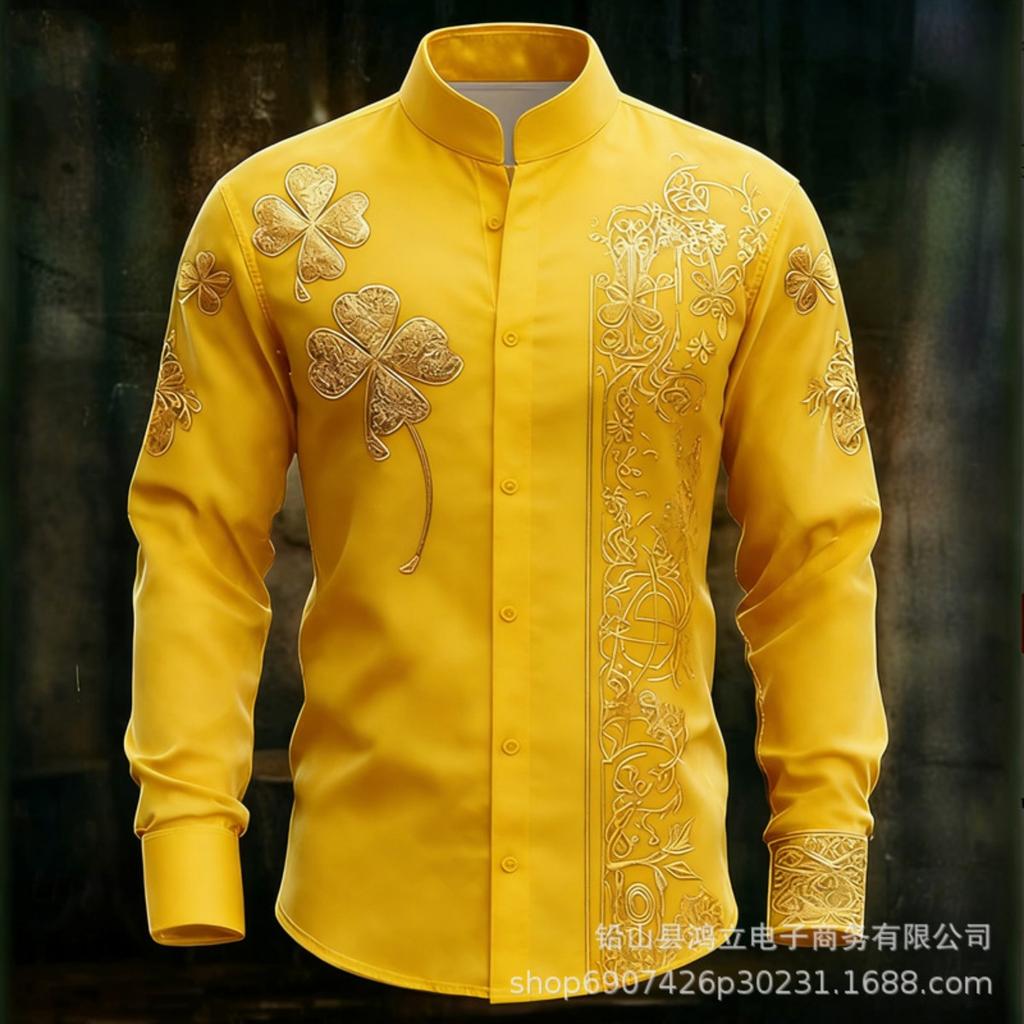 Luxury Long-sleeve Shirt with Gold Embroidered Floral Design