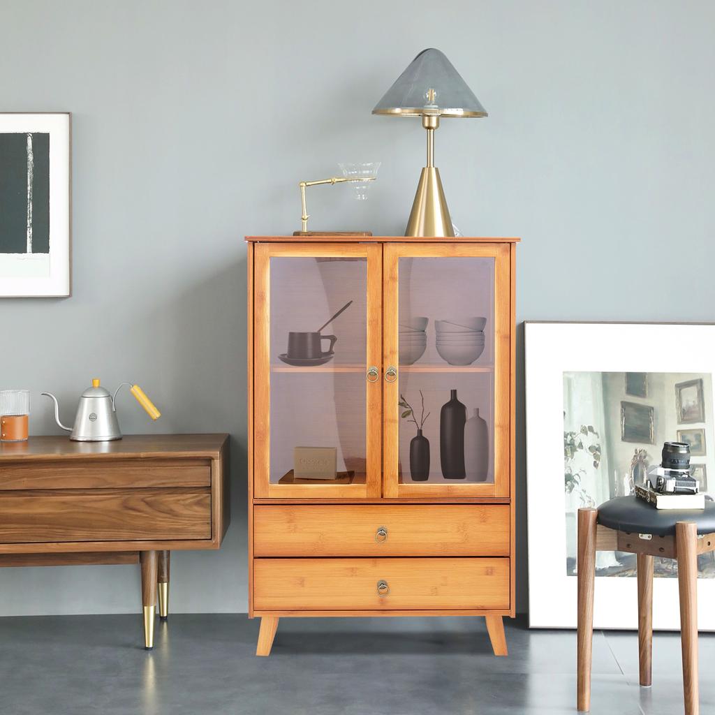 Stylish Bamboo Sideboard with 2 Doors & 2 Drawers, Floor Mounted Kitchen Storage Cabinet, Freestanding Organizer for Dining Room