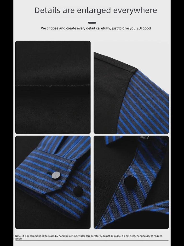 Men's Plush Collar Business Shirt, Fake Two-Piece with Striped Base, Ideal for Middle-Aged and Young Men.