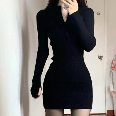 Schwarzes, figurbetontes Strickkleid für Damen, sexy Wickelkleid, schmale kurze Kleider, Frühling und Herbst, solide Outfits, Roben, Femlae