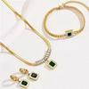 Luxury Emerald Zircon Jewelry Set: Square Pendant Necklace, Earrings & Bracelet