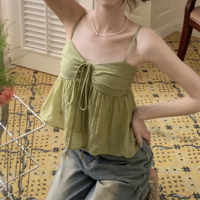 Frauen Leinen Süße Babydoll Rüschen Crop Ärmelloses Top Dünnen Riemen Vorne Schleife Flowy Camis Weibliche Koreanische Tank Top