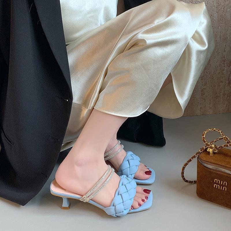 Luxury Slides Women High Heels Mules Fetish Pumps Individual Weave Leisure Blue Office Ladies Prom Slippers Women's Shoes