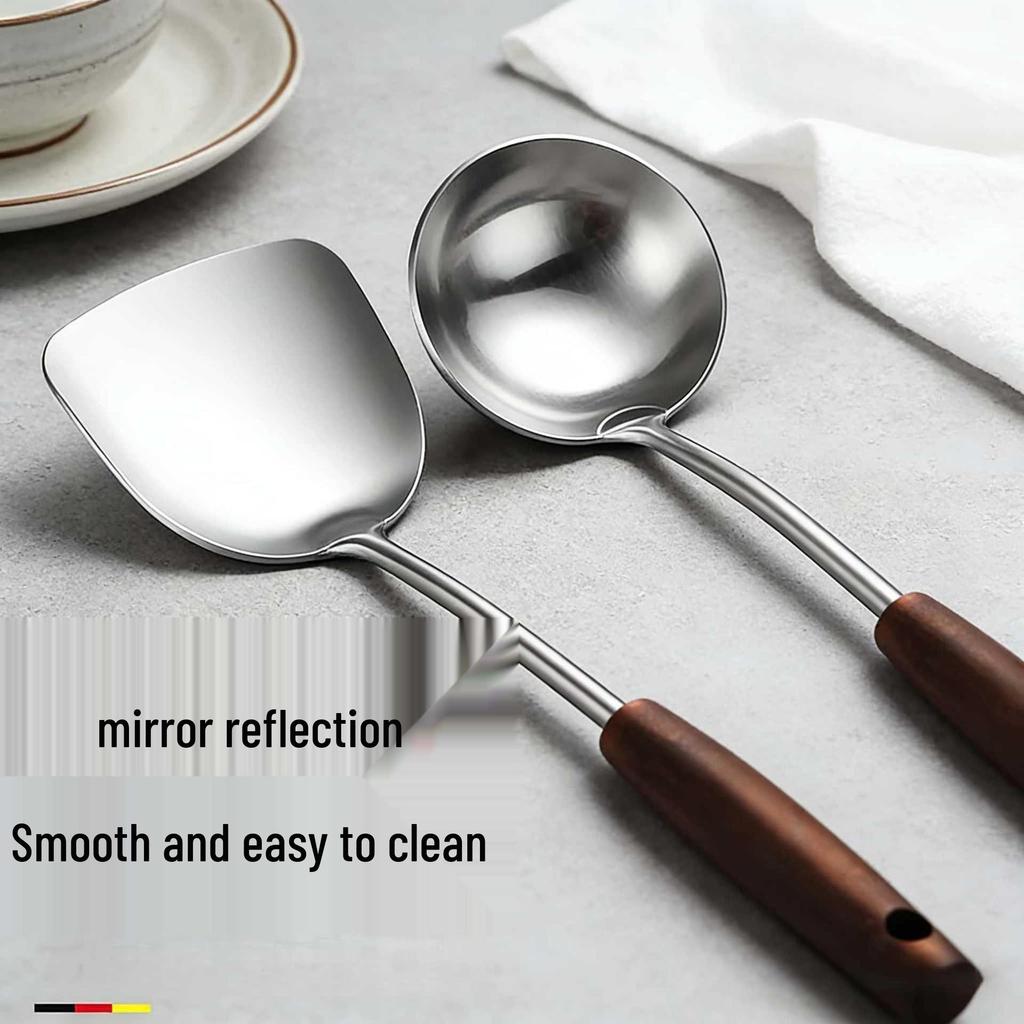 Stainless Steel & Wood Thickened Cookware Set: Frying Pan Spatula, Slotted Spoon, Ladle, Anti-Scald Design