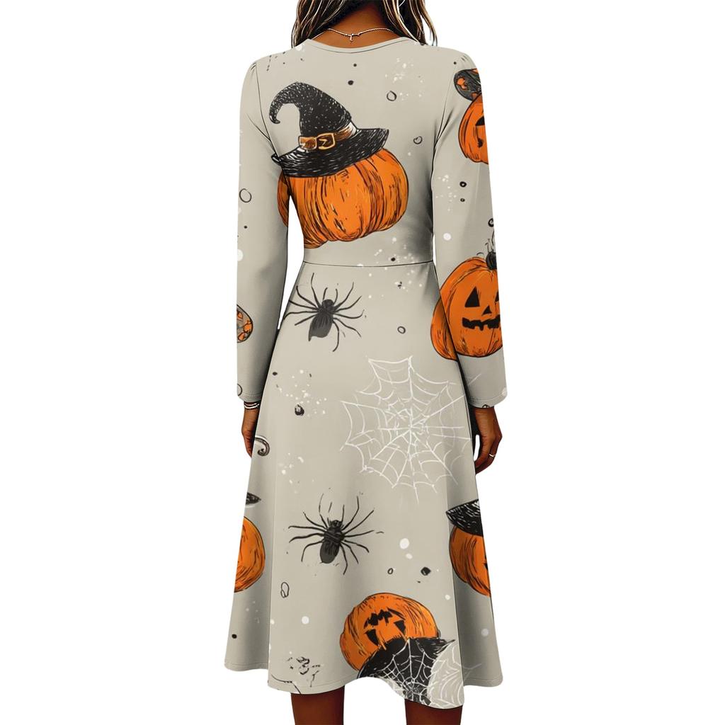 Women's Halloween Print V-Neck Long Sleeve Dress with Pockets for Casual Everyday Wear