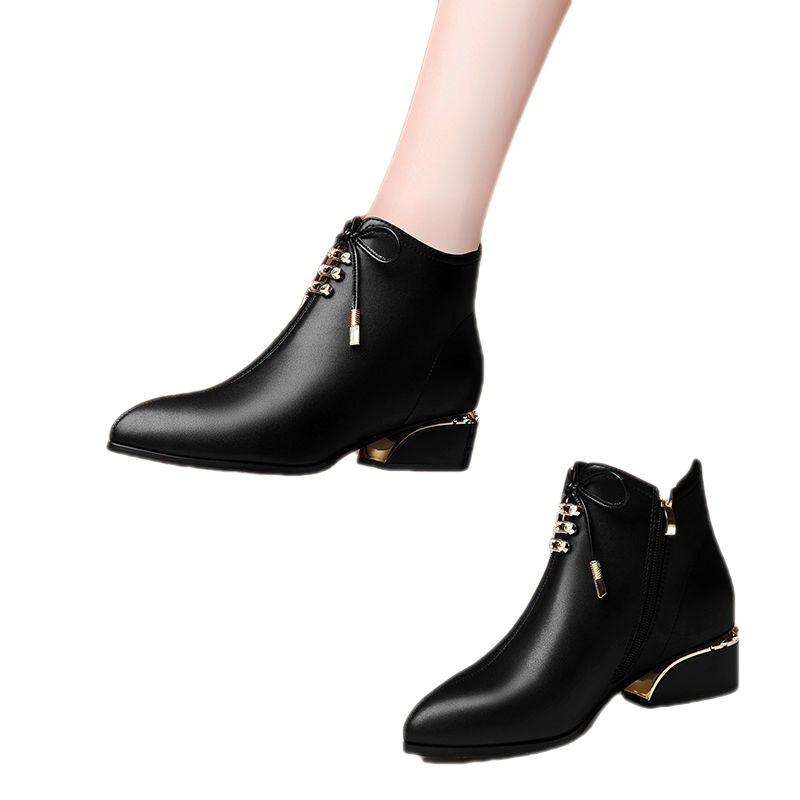Small Leather Shoes New Single Shoe British Style Versatile Women's Pointed Thick Heel Plush Women's Shoes