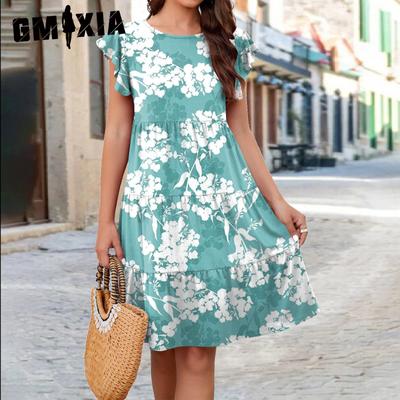 Abiti casual con scollo a maniche corte con stampa floreale primavera estate moda donna