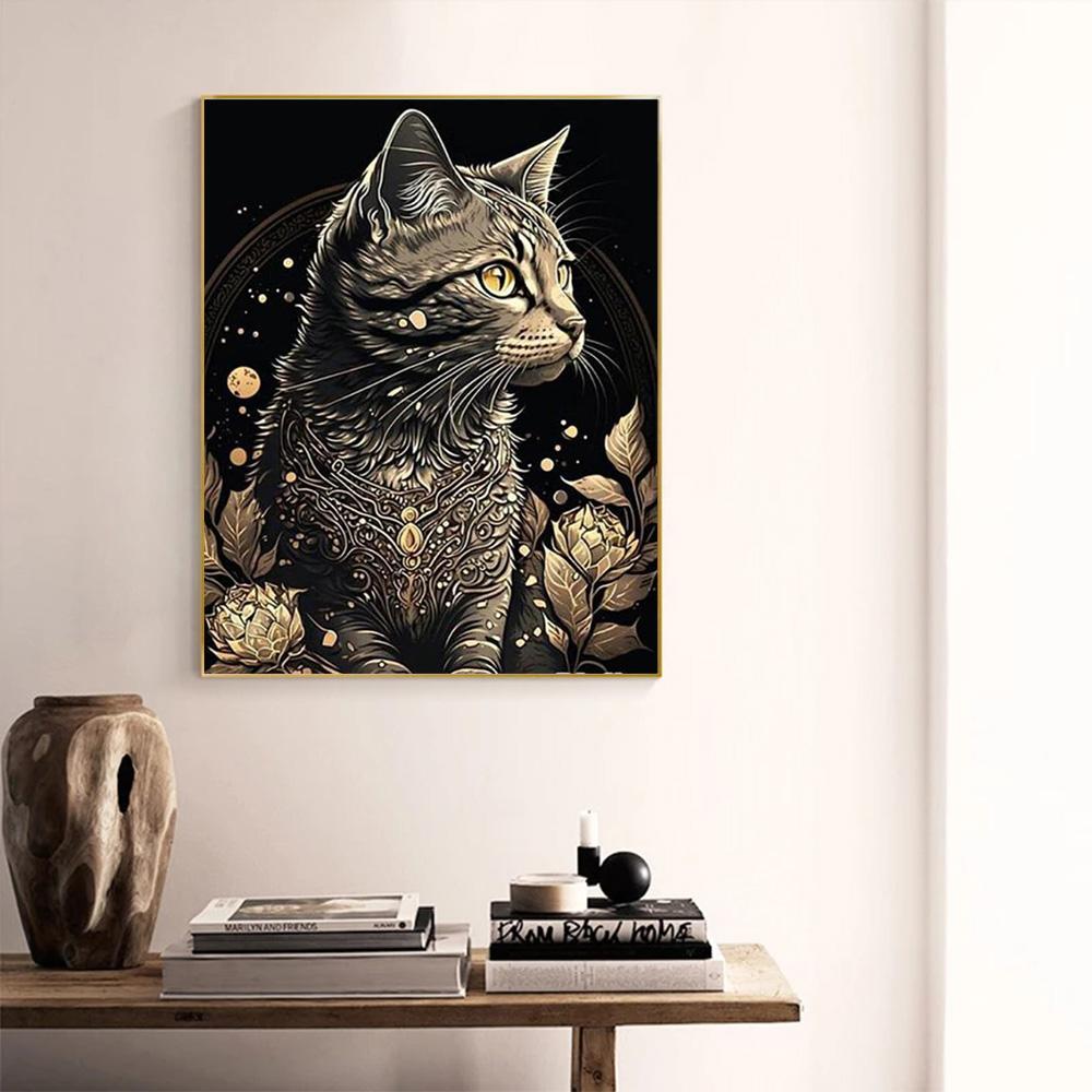 Portrait Painting Black Golden Cat Flowers Canvas Painting Animal Posters Prints Wall Art for Living Room Home Decor Gift No Frame