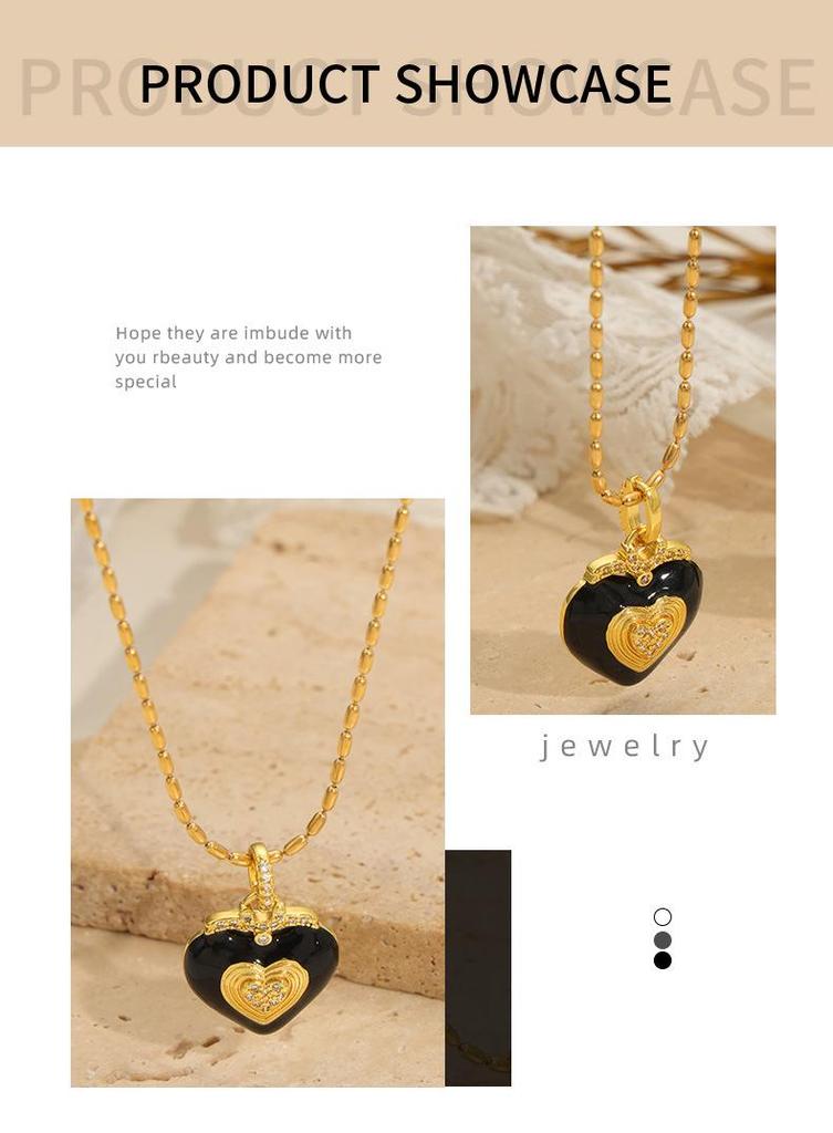 Heart-Shaped Enamel Pendant Necklace with Diamond Inlay, Rice Bead Chain, Titanium Steel, Gold Clavicle Chain, Women's Simple Fashion.