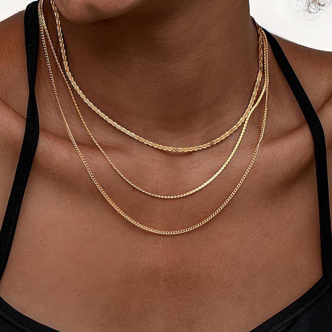 Ensemble de Colliers Ras du Cou Multicouches Plaqué Or pour Femmes - 3 Pièces Chaînes Minimalistes Cubaines et Trombone