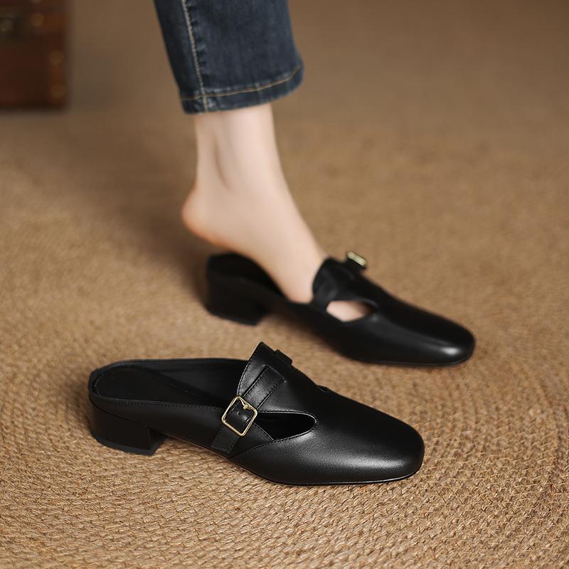 Fashion Women's new summer genuine leather cowhide color blocked round toe, mid heel, plus size belt buckle, wrapped in Mueller slippers