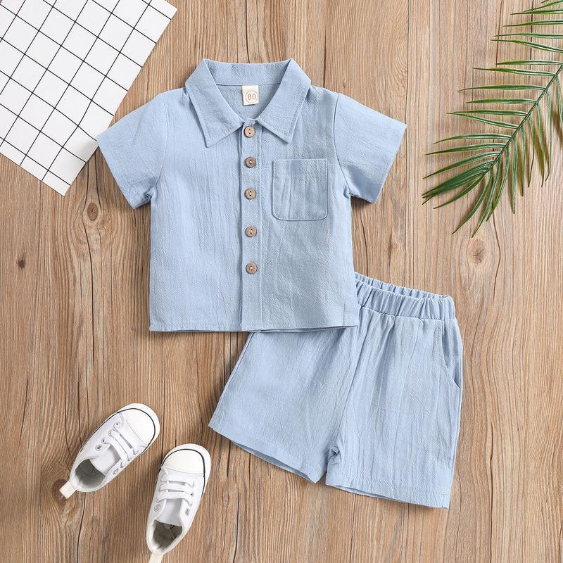 Summer Casual Cotton Linen Polo & Shorts Set for Boys – Solid Color with Turn-Down Collar