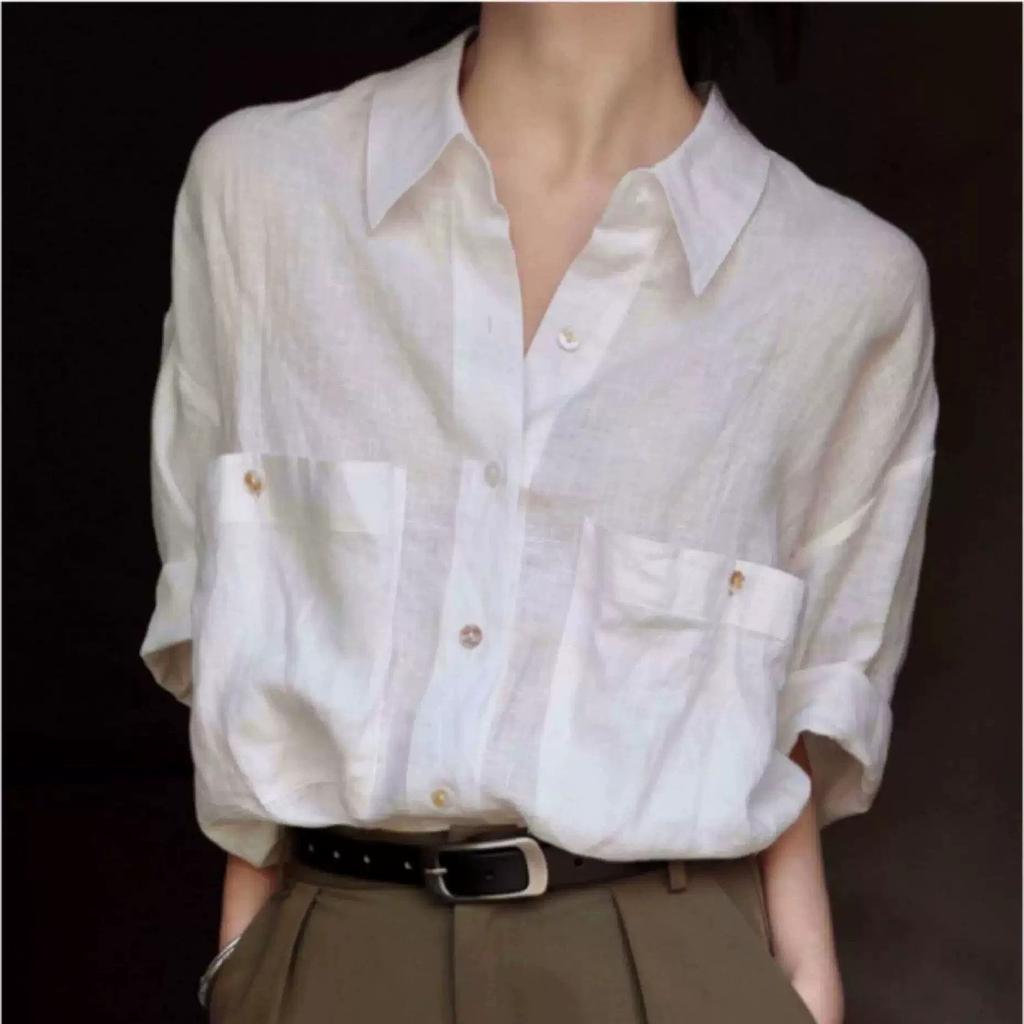 High-end linen white short-sleeved shirt women's summer thin cotton and linen retro lazy French shirt commuter top