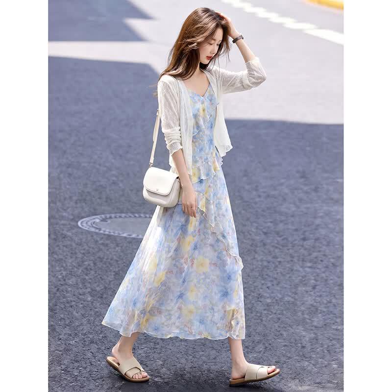 Knitted Cardigan & Floral Camisole Dress Two-Piece Set
