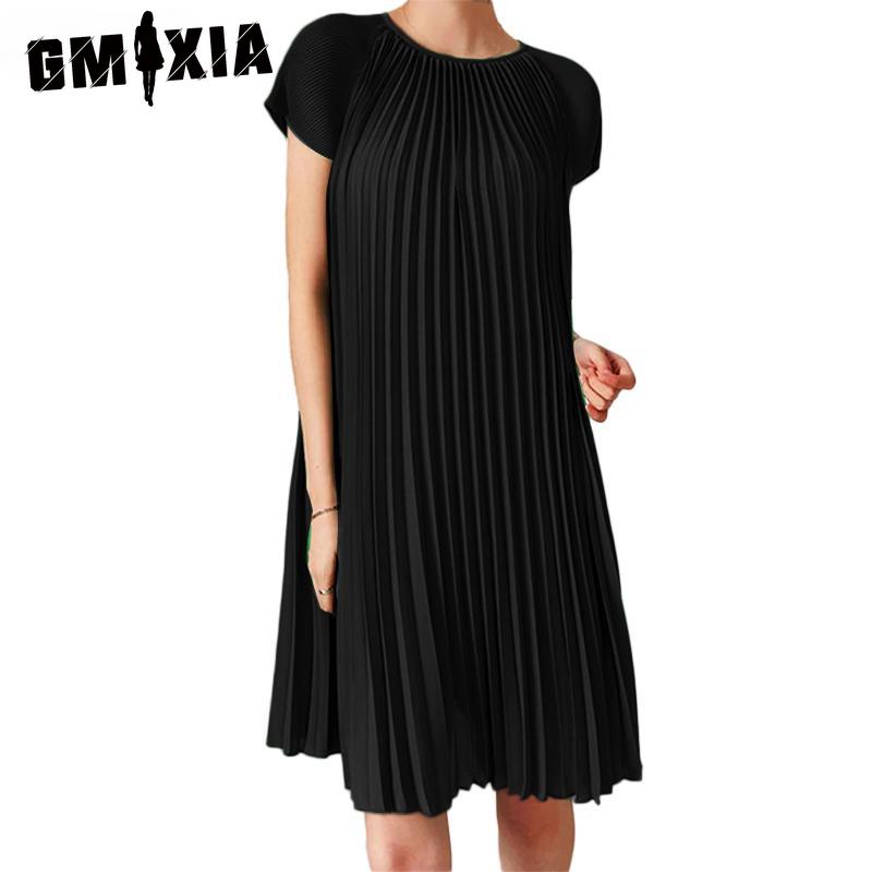 GMXIA Women Casual Summer Short Sleeve Round Neck Pleated Dress