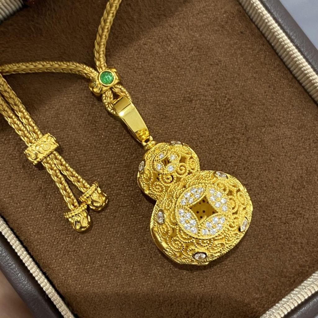 Openwork Cloisonné Gourd Pendant Necklace with 925 Silver and High-Carbon Diamond