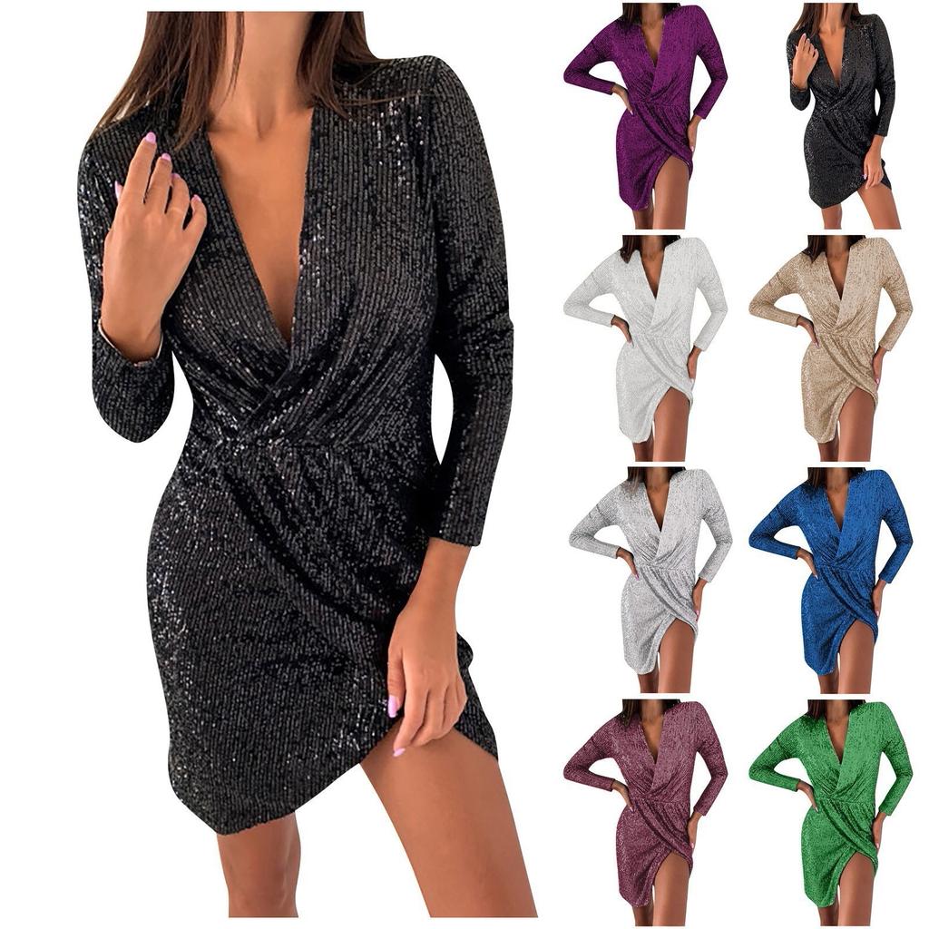 Módní dámské šaty s horkou ražbou, dlouhý rukáv, výstřih do V, sexy
