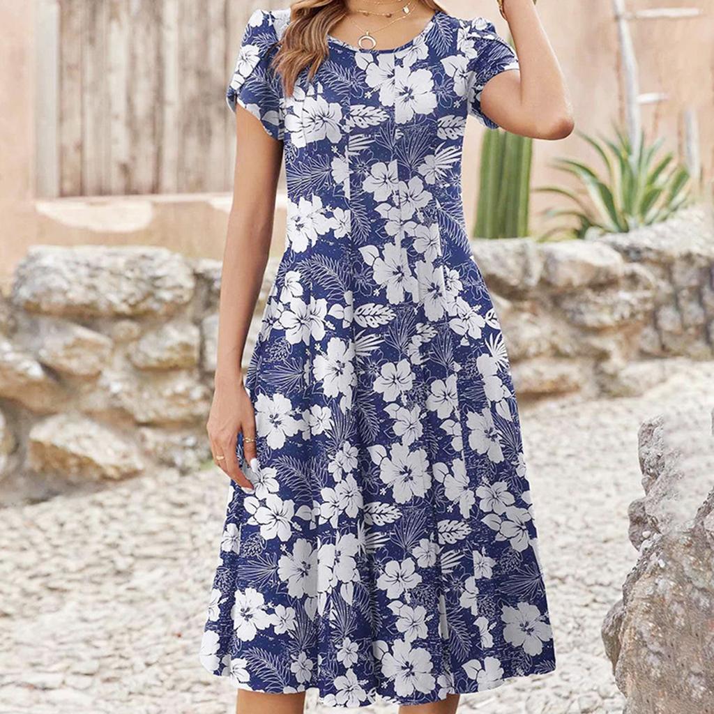 Női Divat Tavaszi és Nyári Ruha Alkalmi Rövid Ujjú Kerek Nyakú Elegáns Középhosszúságú Strandruha