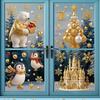Santa Claus Window Decor 9Pcs Christmas Clings, Golden Static Stickers, Glue Free Decals with Festive Glass Stickers Elk Castle and Tree Patterns for