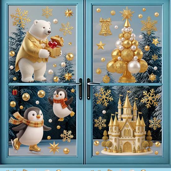 Santa Claus Window Decor 9Pcs Christmas Clings, Golden Static Stickers, Glue Free Decals with Festive Glass Stickers Elk Castle and Tree Patterns for