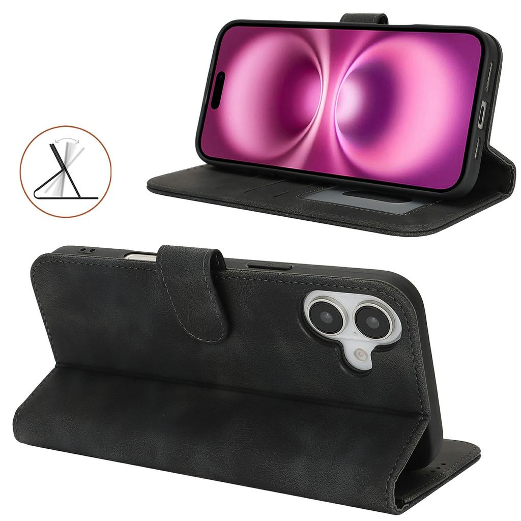 For iPhone 16 Plus Wallet Case Double Folded Edge Skin Touch PU Leather Flip Phone Cover