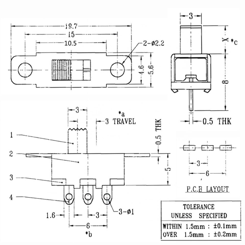 YUWENW Mini Schiebeschalter 2 Positionen 20 Stück 3P für Elektronikprojekt 3mm Stromfluss