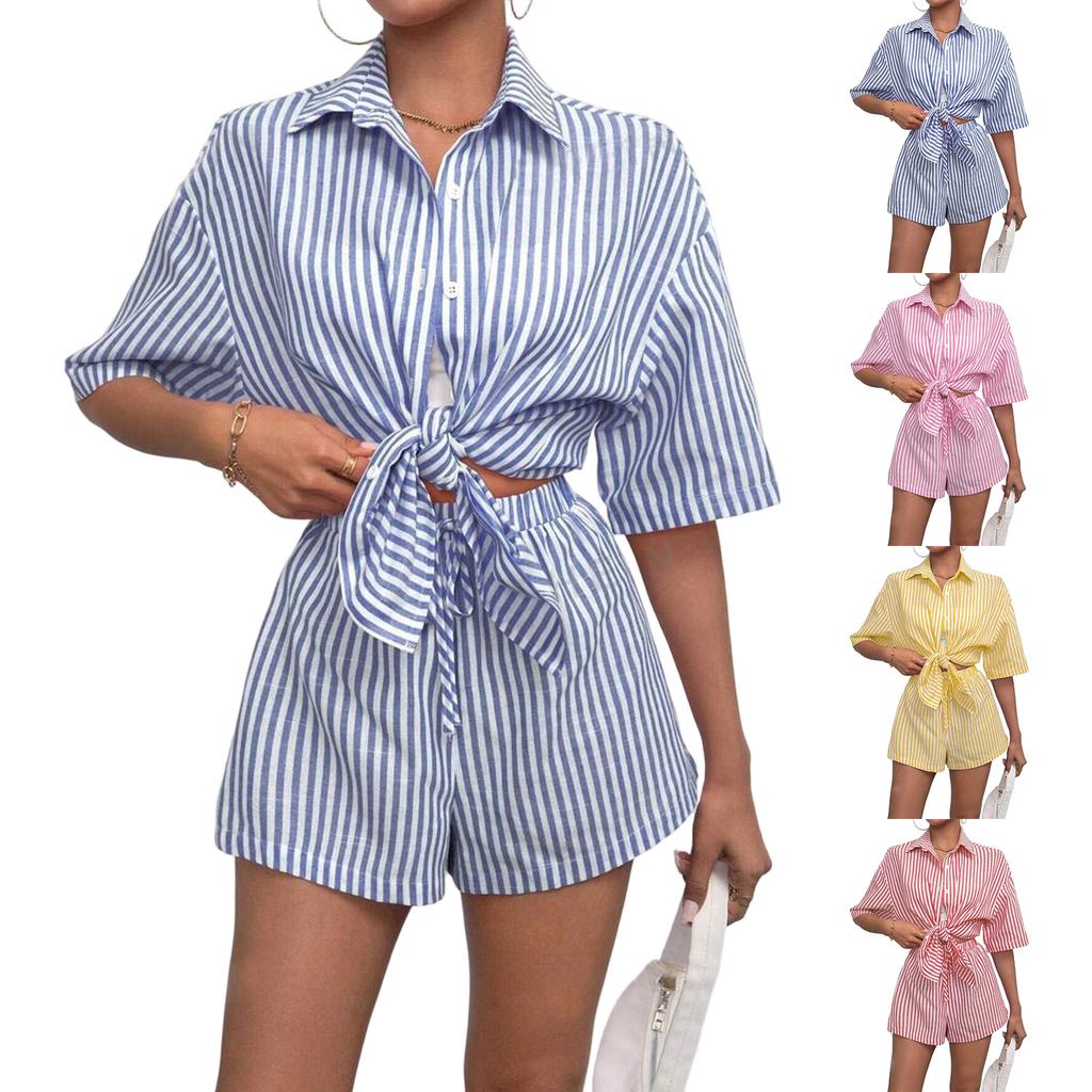 Women's Casual Two Piece Set Striped Short Sleeve Button Down Shirt with Elastic Waist Shorts Lightweight Summer Outfit
